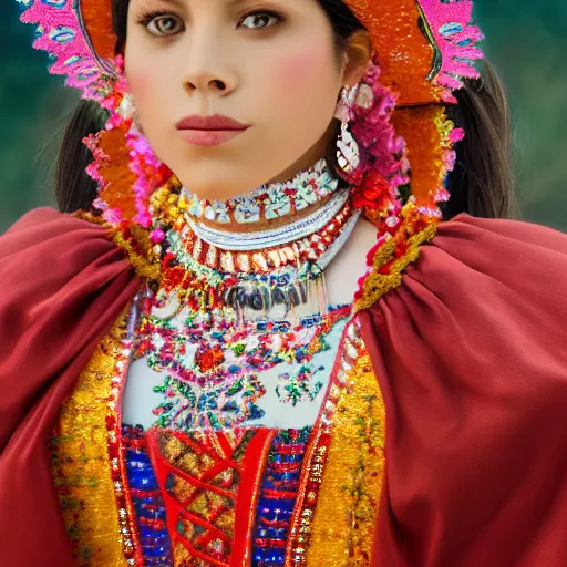 Prompt: HD portrait of beautiful Mexican princess in traditional clothing, dramatic, 8k, 4k