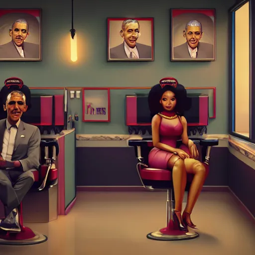 Image similar to illustration of nicki minaj sitting next to barack obama in a barbershop. symmetry, cinematic scene. ambient lighting, brownish colors, hyper detailed. octane render. concept art. trending on artstation.