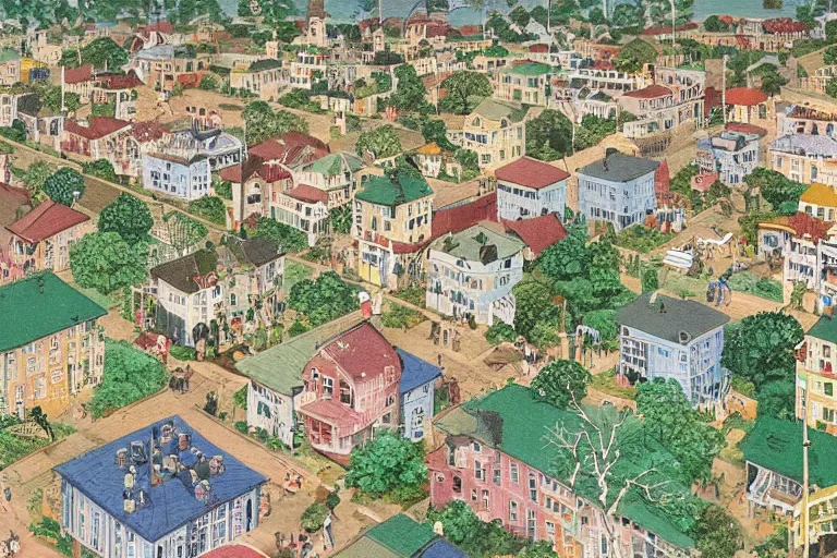 Prompt: an elaborate and dense painting of a peaceful neighborhood in the 1 9 5 0 /, made of alcohol ink on parchment, by wes anderson and geoff darrow