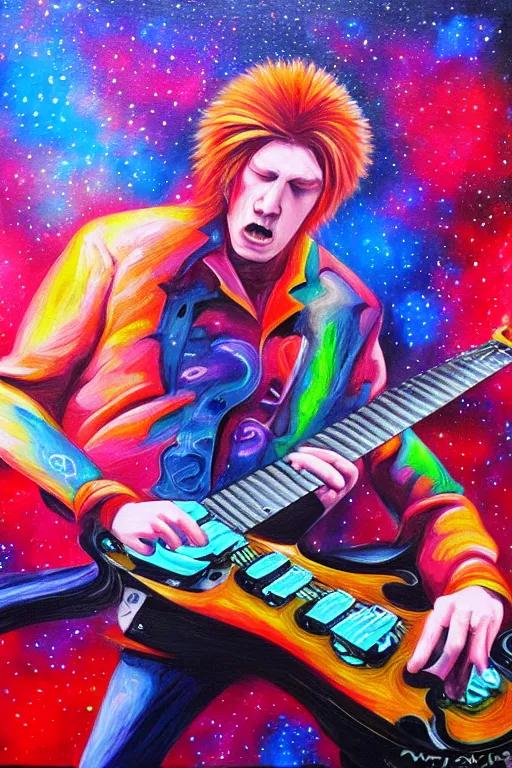 Image similar to beautiful detailed acrylic painting of a psychedelic and hardcore dave munstaine play music in the cosmos