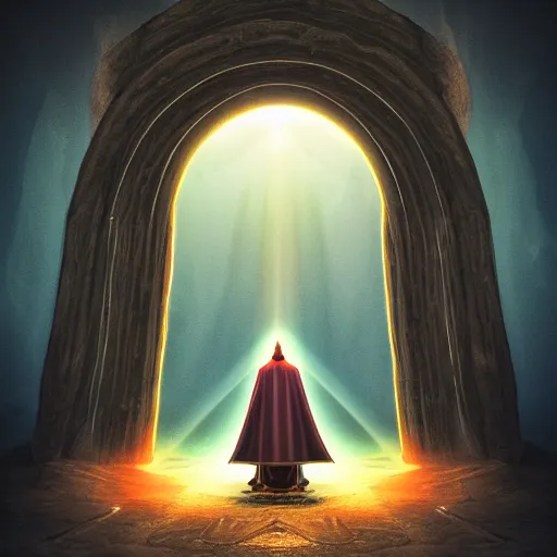 Image similar to a wizard in a cloak standing in front of a portal to wisdom, tall door, high ceiling, magic light, light beam, cinematic atmosphere, high definition, ultra detailed