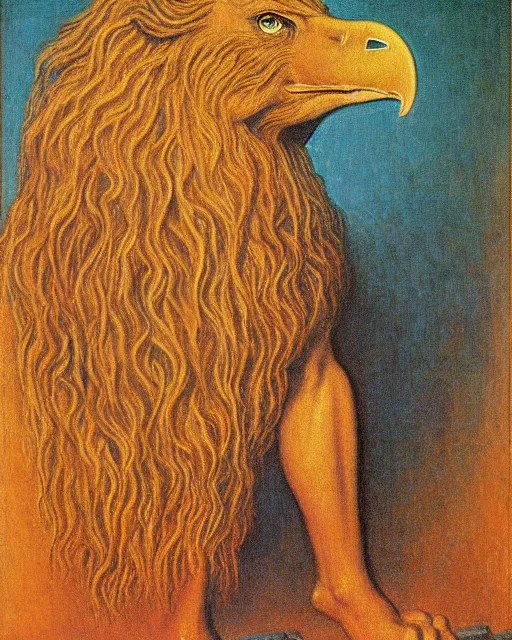 Image similar to a creature with the body and eyes of a man, with the beak of an eagle, the mane of a lion, and the horns of an ox by jean delville. vivid colors