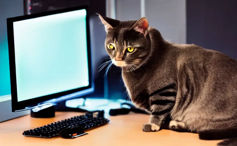 Image similar to a cat using a gaming computer, realistic, dark, rgb