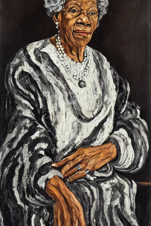 Image similar to a painted portrait of an elderly black lady with grey curly hair, wearing a crown and clothing of Queen Elizabeth the second, painted by Lucian Freud, oil on canvas, expressive, impasto