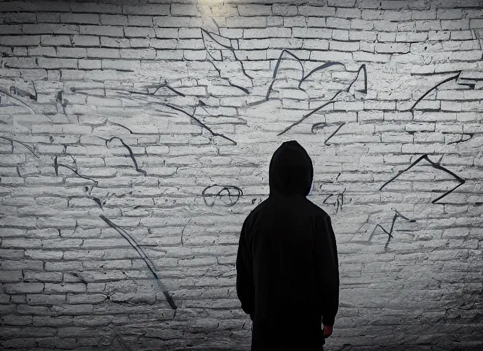 Prompt: hooded man spray painting graffiti on brick wall, cinematic lighting