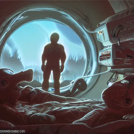 Image similar to waking up from coma, first person view, being cared for by primitive extraterrestrials, cinematic, worm's eye view, dramatic lighting, illustration, ron cobb, mike mignogna, science fiction