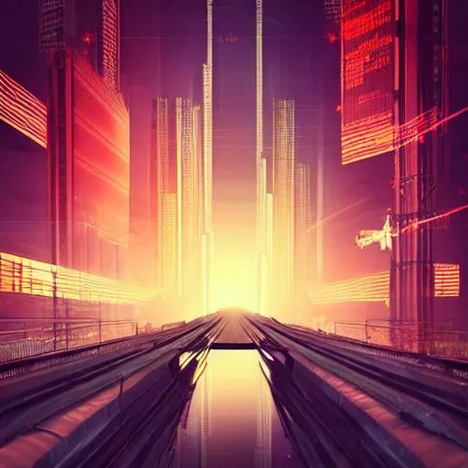 Prompt: “ a man standing on top of a bridge over a city, cyberpunk art by vincent lefevre, behance contest winner, altermodern, cityscape, synthwave, matte painting ”