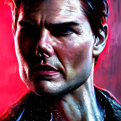 Prompt: tom cruise portrait, dystopia core, apocalyptic, armor, warrior, dramatic, sharp focus, fiction, neon, fantasy, hyper detailed, digital art, trending in artstation, cinematic lighting, studio quality, smooth render, unreal engine 5 rendered, octane rendered, art style and nixeu and wlop and krenz cushart