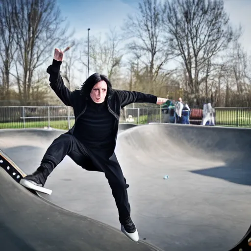 Image similar to Severus Snape skateboarding at the skate park, doing an olly, 4k, DLSR