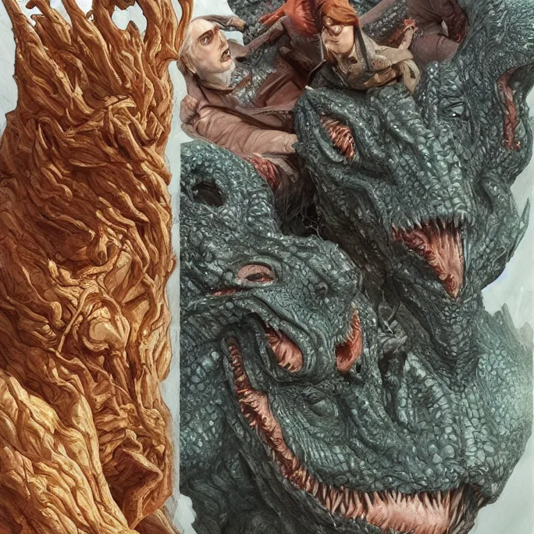 Image similar to two - headed hydra of lerna, jim carey as lloyd christmas beside jeff daniels as harry dunne ( from dumb and dumber ), serpentine water monster, d & d, fantasy, portrait, highly detailed, digital painting, trending on artstation, concept art, sharp focus, illustration, art by artgerm and greg rutkowski and magali villeneuve