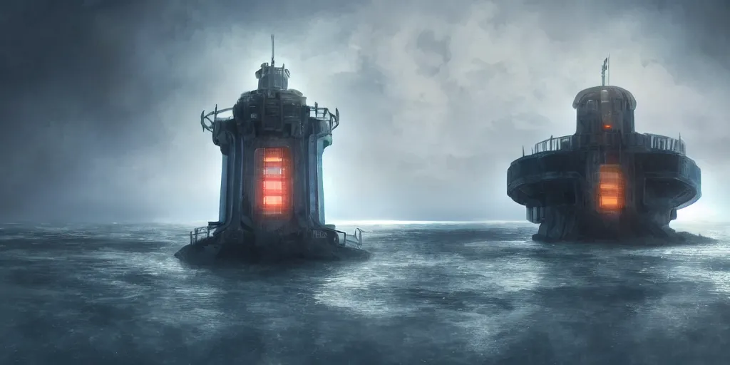 Prompt: a futuristic fortress tower in the middle of the rainy ocean, highly realistic concept art, blue cold atmosphere, but there is a read light glowing under the fortress, perfectly symmetric composition, great lighting, chiaroscuro, phorohraphy, cinematography, high quality, on trending, beautiful, 4 k