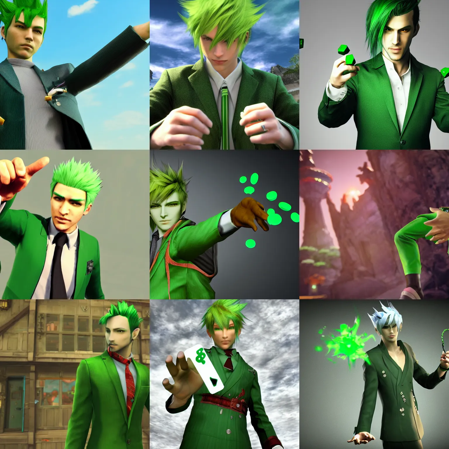 Prompt: a photo of a man with green hair and a green suit holding red dice in his outstretched hand, videogame rendering, 3d, Final Fantasy XIV style