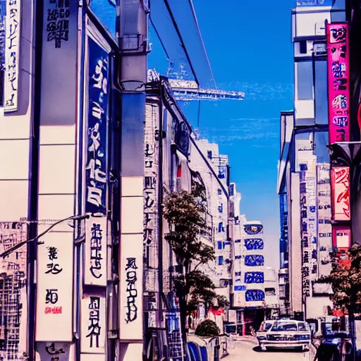 Image similar to beautiful anime cityscape in Tokyo, Japan, daylight, blue sky