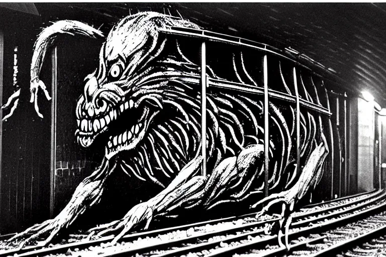 Image similar to very large giant mutant zombie irradiated ( angry rat ) staying on railways in tonnel of moscow subway. tonnel, railways, giant angry rat, furr, fangs, claws, very realistic. extreme long shot, 1 6 mm, herman nitsch and herman nitsch, giger.