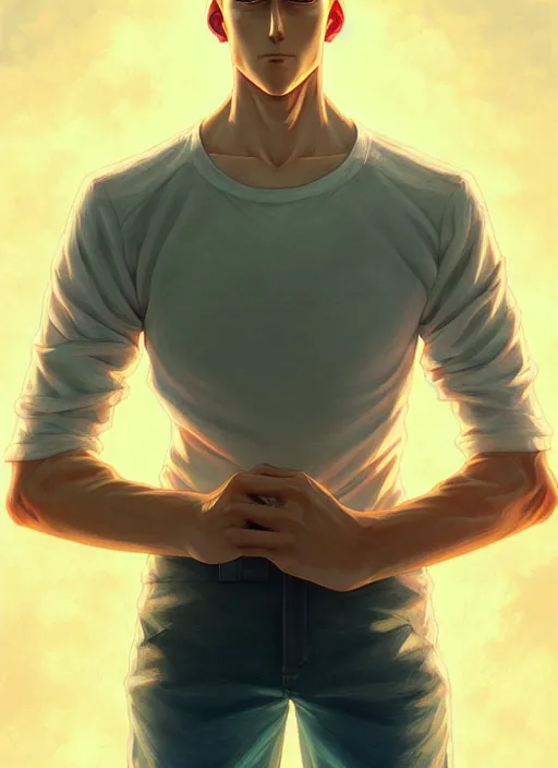 Image similar to handsome saitama, half body shot, path traced, highly detailed, high quality, digital painting, alena aenami, lilia alvarado, shinji aramaki, karol bak, alphonse mucha, tom bagshaw