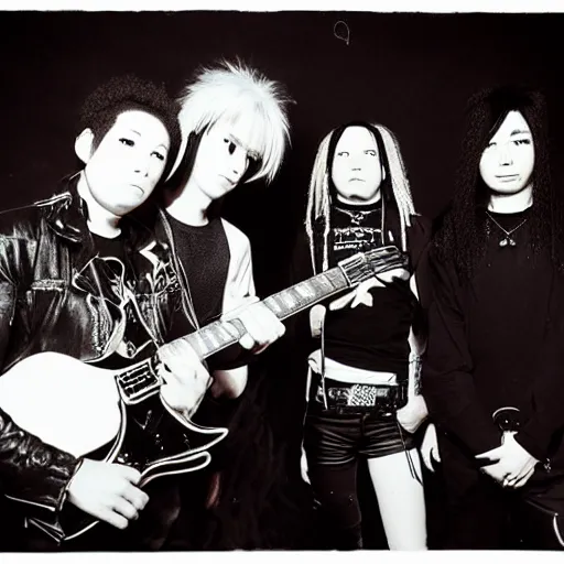 Image similar to jerry schatzberg photo of an anime metal band, direct flash photography at night, film grain