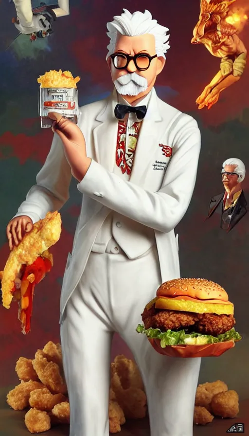 Image similar to a full body portrait of colonel sanders the fried chicken god, presenting the zinger burger!! extremely beautiful, anatomically accurate, by artgerm and by greg rutkowski and by alphonse mucha and by simon bisley, radiant light, detailed and intricate environment,