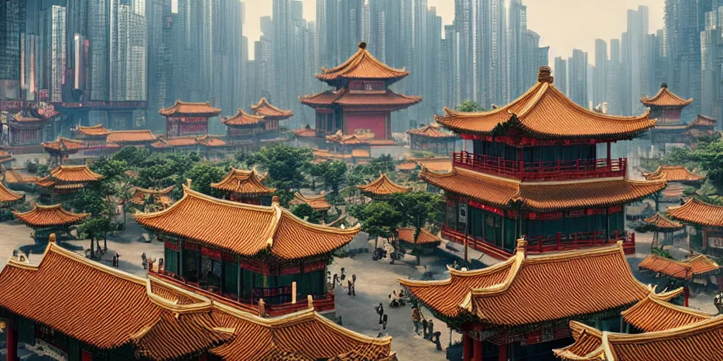 Image similar to a very high resolution image from a new movie, upside - down old chinese pavilion and cyberpunk city, beautiful scenery, photorealistic, photography, directed by wes anderson