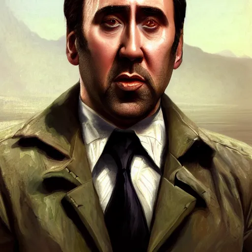 Image similar to Portrait of a Nic Cage in GTA V , art by Albert Bierstadt and James Gurney, highly detailed, digital painting, matte painting, concept art, illustration, oppressive lighting, trending on artstation, very detailed