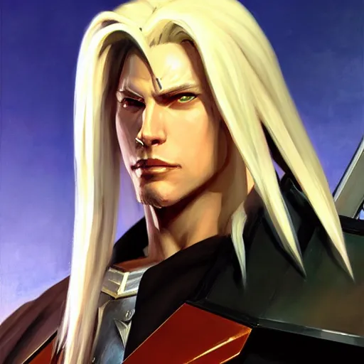 Image similar to Greg Manchess portrait painting of Sephiroth from FFVII as Overwatch character, medium shot, asymmetrical, profile picture, Organic Painting, sunny day, Matte Painting, bold shapes, hard edges, street art, trending on artstation, by Huang Guangjian and Gil Elvgren and Sachin Teng