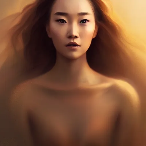 Image similar to beautiful elegant mongolian princess royalty portrait in sensual pose, face centered portrait, confident, fog, volumetric lighting, beautiful, golden hour, sharp focus, ultra detailed, conceptartworld by leesha hannigan, ross tran, thierry doizon, kai carpenter, ignacio fernandez rios