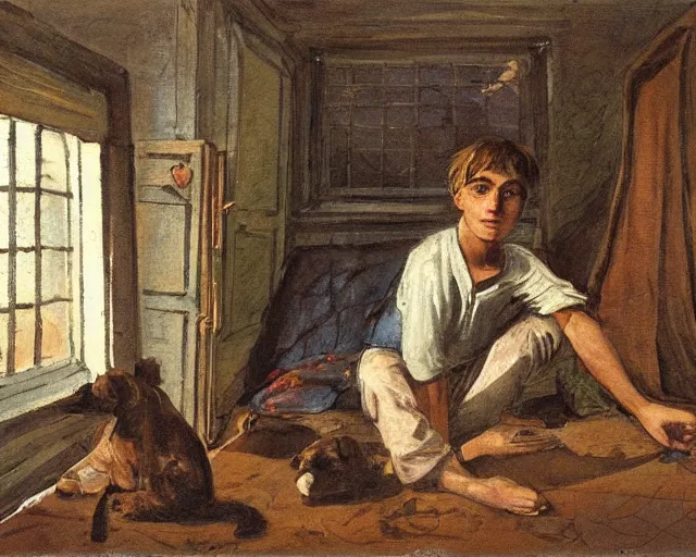 Image similar to shabby! room, isometric view, with window on the right wall, with bed at the left wall, with cute boy with long dark - brown! hair and dark - brown eyes, the boy is sitting on the bed, the boy is holding kumys, highly detailed painting