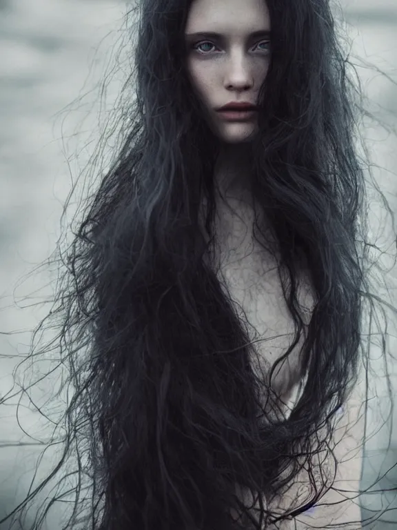 Prompt: portrait photograph of the most beautiful woman with a long dark hair, blue eyes, alessio albi, jovana rikalo