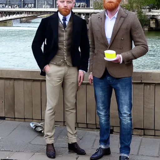 Image similar to mcgregor is dressed as a gentleman at early 2 0 th century paris. he is having a coffee at the banks of river seine. ewan mcgregor has a coffee cup on his hand. next to him is a small brown cat with yellow glowing eyes. blueish tint