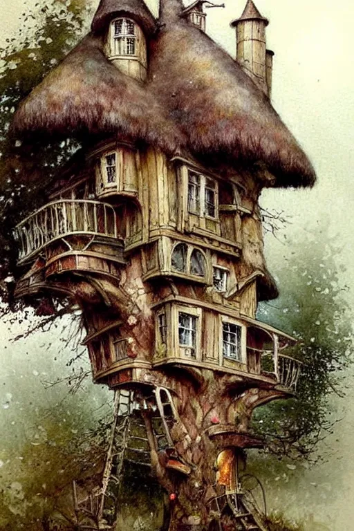 Image similar to (((((1950s fairy tale cottage tree house castle . muted colors.))))) by Jean-Baptiste Monge !!!!!!!!!!!!!!!!!!!!!!!!!!!