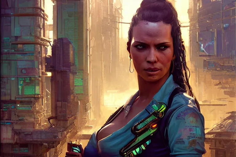 Prompt: A solarpunk very highly detailed Judy Alvarez from the videogame Cyberpunk 2077, with very highly detailed face on the street of a very highly detailed smooth solarpunk city digital concept art by Greg Rutkowski, neofuturistic highly detailed, digital concept art, Dimensional cyan gold natural light, sharp focus, Golden Ratio illustration, realistic concept art by Stephen Hickman and James Gurney and Hiromasa Ogura Ghost in the Shell rendered in Octane Render, From the distance