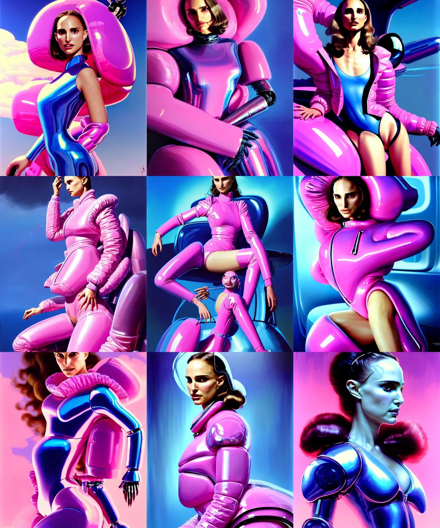 Prompt: beautiful fantasy character portrait, natalie portman, wearing oversized plastic puffy pink bomber jacket and blue leotard, seductive seated pose, futuristic chrome vehicle, ultra realistic, wide angle, dramatic lighting, robots, cyberpunk artifacts, highly detailed by boris vallejo, aaron horkey, paolo eleuteri serpieri, hajime sorayama, peter mohrbacher,,