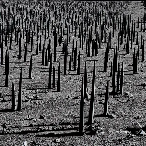 Prompt: radioactive spike field, monolithic granite spikes, one lone person standing in front of the spikes, creepy monotone black and white lighting, post nuclear fallout, desolate, no life, high resolution, old photo, distorted photo, slow corruption