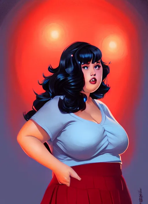 Image similar to full body portrait of teenage veronica lodge, obese, bangs, sultry, realistic, sultry smirk, wavy hair, red skirt, fat, belly, intricate, elegant, glowing lights, highly detailed, digital painting, artstation, concept art, smooth, sharp focus, illustration, art by wlop, mars ravelo and greg rutkowski