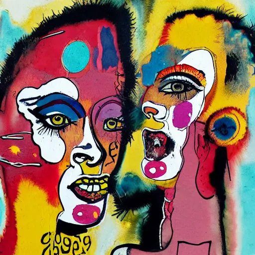 Image similar to watercolor painting of two bizarre psychedelic punk women kissing each other closeup in a bar in japan, speculative evolution, mixed media collage by basquiat and jackson pollock, maximalist magazine collage art, sapphic art, lesbian art, chemically damaged