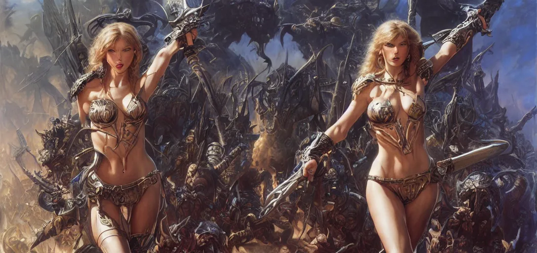 Prompt: art by donato giancola and bayard wu and gustav moreau and wayne barlowe and frank frazetta and boris vallejo, a fantasy cinematic shot of a sexy beautiful barbarian woman played by taylor swift, fighting, warhammer, dnd, fighting monsters, octane render, movie still, 8 k hdr 8 0 mm