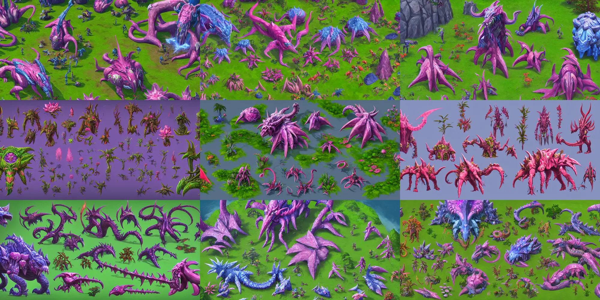 Prompt: game asset of the sims exotic plants and flowers and trees, zerg hydralisk, in gouache detailed paintings, props, stylized, 2 d sprites, kitbash, arcane, overwatch, blue and pink color scheme, 8 k, close up