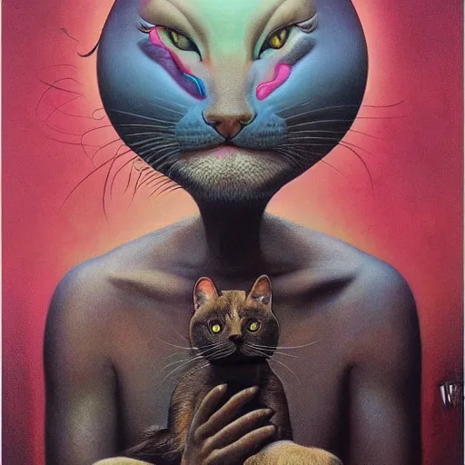 Image similar to a cat having an ego trip, by alex grey, by Esao Andrews and Karol Bak and Zdzislaw Beksinski and Zdzisław Beksiński, trending on ArtStation