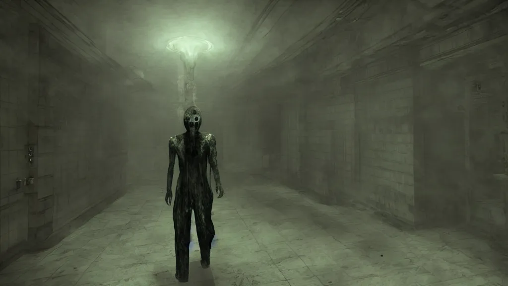 Image similar to A ghastly spirit haunting the hallway of a hospital, in the style of Silent Hill, Dead Space, Bioshock