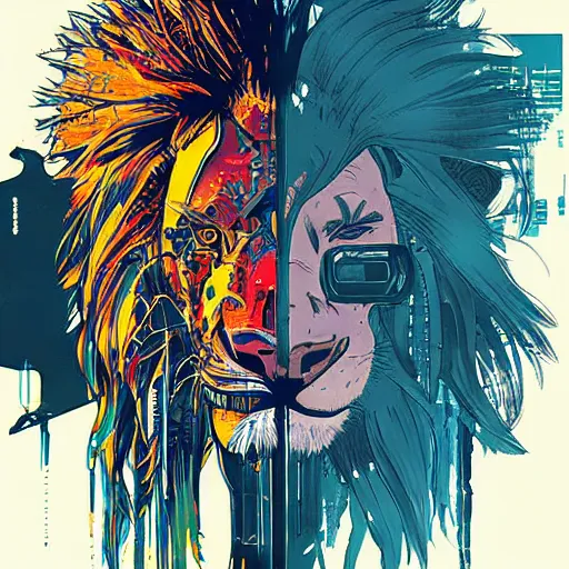 Image similar to cyberpunk lion implants cyborg portrait illustration, pop art, splash painting, art by geof darrow, ashley wood, alphonse mucha, makoto shinkai