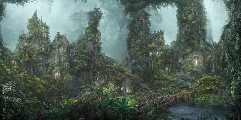 a castle hidden in the jungle, overgrown with trees, | Stable Diffusion