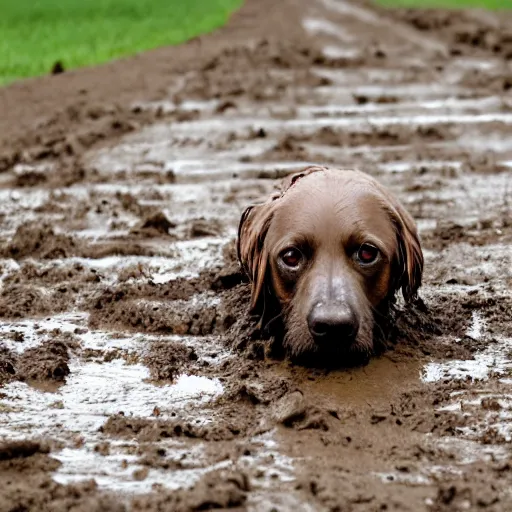 Prompt: a dirty dog rolling in mud. photo