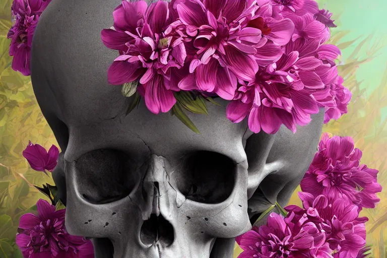 Image similar to human skull made entirely from flowers with flowes in its eyes, artstation, illustration, hd, hq, high resolution, high detail, 4 k, 8 k