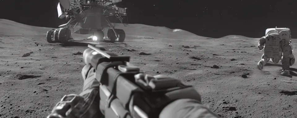 Image similar to gunfight on the moon, photorealistic, cinematic, high - res