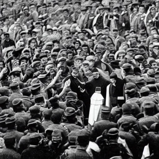 Prompt: the pope giving out communion to a large group of armed fascists in the 1930s, 8k