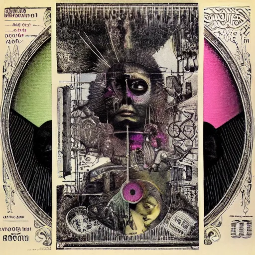 Image similar to post - punk new age album cover, asymmetrical design, frame of a dollar bank notes, capitalism, magic, apocalypse, psychedelic, black white pink, magic, giger h. r., giuseppe arcimboldo