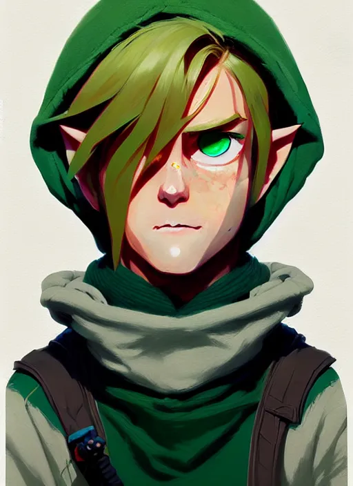 Prompt: highly detailed portrait of link from ocarina of time, visual contact, hoodie, ringlet hair by atey ghailan, by greg rutkowski, by greg tocchini, by james gilleard, by joe fenton, by kaethe butcher, gradient green, black, cream and orange color scheme