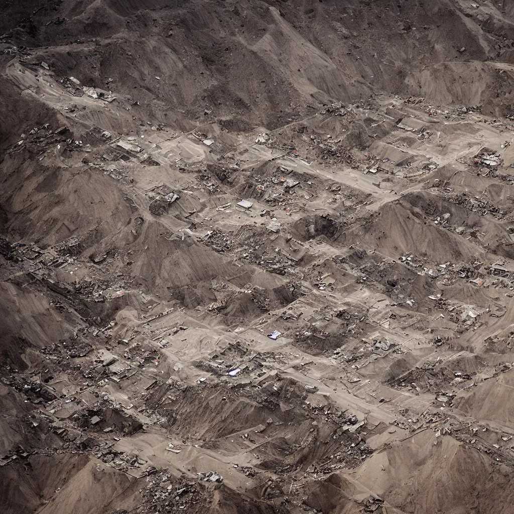 Image similar to mining tailings burying the city of chuquicamata by piranesi, composition, cinematic, rule, grid