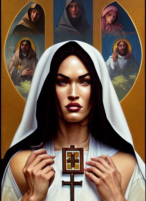 Prompt: portrait of megan fox as a sultry nun, catholic, church, bible, christian, intrigante, headshot, highly detailed, digital painting, artstation, concept art, sharp focus, cinematic lighting, illustration, art by artgerm and greg rutkowski, alphonse mucha, cgsociety