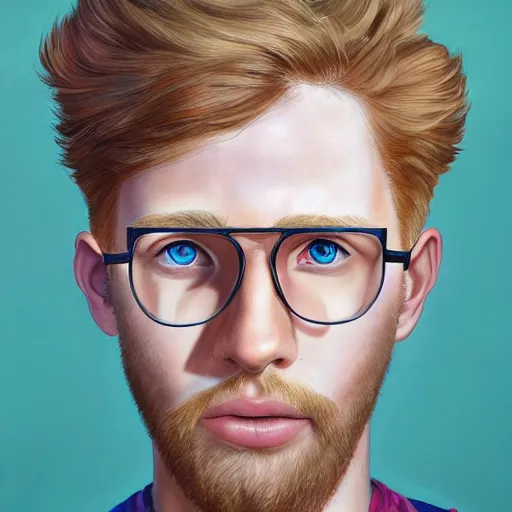 Prompt: 2 4 - year - old man, masculine face, strawberry blond hair, turquoise eyes, transparent glasses, hyper realistic face, beautiful eyes, highly detailed, digital painting, smooth, sharp, beautiful face, expressive eyes, long fluffy curly strawberry blond hair, art by greg rutkowski and alex gray