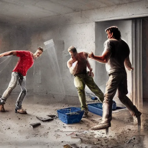 Prompt: high quality high detail painting by john salt, peter griffin and brad pitt fighting each other in a basement with concrete floor. light ray from a blurry window, floating dust, motion blur, gloomy, stippled walls, cinematic shot, epic, realistic, 4 k, perfectly defined features